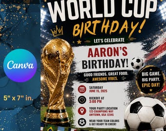 Wereldbeker verjaardagsuitnodiging, voetbal themafeest uitnodiging (digitale download)