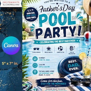 Puede incluir: Una plantilla de invitación para fiesta de piscina del Día del Padre de 5 por 7 pulgadas con un fondo de piscina azul. El texto dice Father's Day Pool Party, Celebrating the Best Dad Ever, Sunday June 15 2025, 2:00 PM until 6:00 PM, y The Williams Home 123 Sunshine Lane Miami FL 33101.