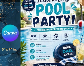 Sjabloon uitnodiging vaderdag zwembadfeest bewerkbaar in canva, geanimeerde zwembaduitnodiging, digitale download zomer papafeest