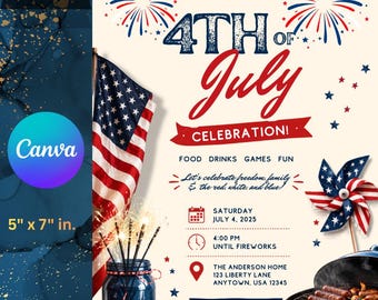 4 juli-uitnodigingssjabloon bewerkbaar in canva, patriottische BBQ-feestuitnodiging, Independence Day digitale download