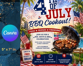 Geanimeerde 4 juli BBQ-uitnodigingssjabloon bewerkbaar in canva, Independence Day cookout-uitnodiging, patriottische partij digitale download