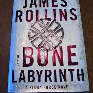 May include: A hardcover book titled "The Bone Labyrinth" by James Rollins. The cover is a light, textured color with the title in large, dark red letters. A circular, interwoven design is in the center. The book is a Sigma Force novel.