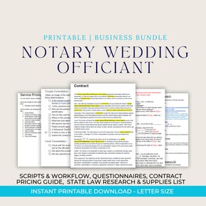 May include: A printable business bundle for a notary wedding officiant featuring multiple documents including a contract, service pricing, couple consultation, and court consultation forms. The text includes headers like PRINTABLE BUSINESS BUNDLE.