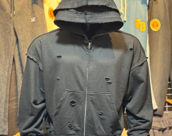 Distressed Double Hood Zip Hoodie: Heavyweight 100% Cotton Streetwear Style