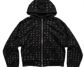 Sudadera con capucha y cremallera negra con ojales por toda la prenda - Chaqueta con capucha extragrande con ojales plateados, estilo streetwear punk grunge