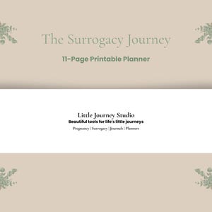 Peut inclure: Un planificateur imprimable intitulé "The Surrogacy Journey" avec le texte "11-Page Printable Planner". Le design présente un fond beige clair avec des illustrations botaniques vertes. Le planificateur est de "Little Journey Studio."