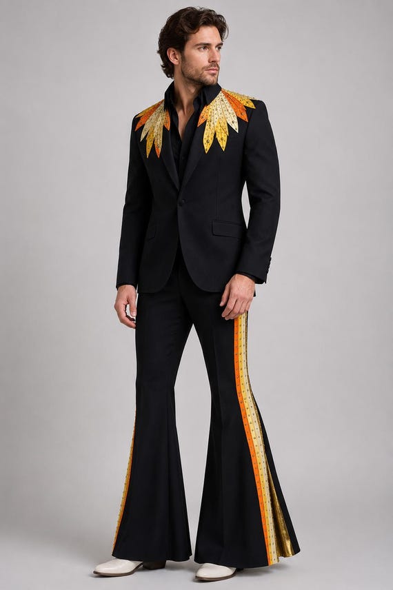 Black Bell Bottom Suit for Men, Retro 70s Stage Outfit, Custom Flare Pants Suit, Elvis Inspired Performance Suit, Disco Costume