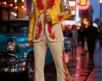 Terno amarelo bordado para homem, terno artístico renascentista, terno personalizado marcante, blazer de luxo de designer, traje artístico para casamento