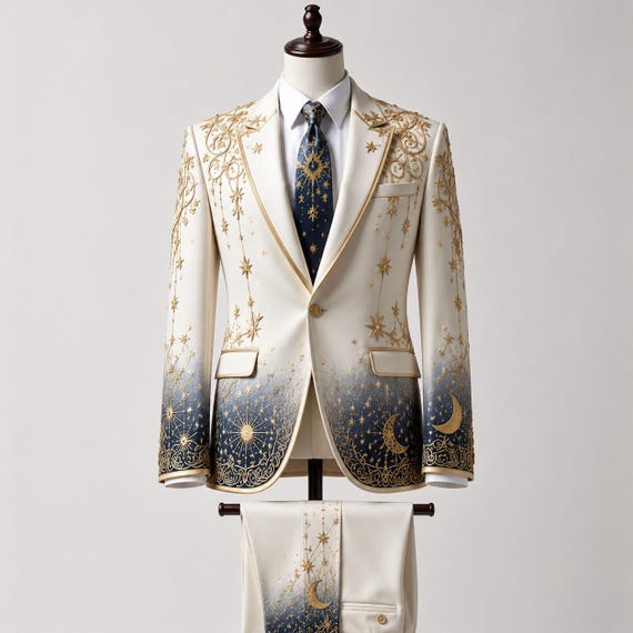 Celestial Ivory Embroidered Suit Set | Luxury Couture Blazer & Trousers | Bespoke Eveningwear | Red Carpet and Wedding Statement Suit