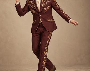 Men’s Burgundy Western Suit, Hand Embroidered Cowboy Wedding Suit, Floral Groom Suit, Custom Rodeo Outfit, Country Stage Suit