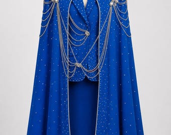 May include: A royal blue cape and matching blazer set featuring scattered silver rhinestones, silver chain embellishments draped across the front, and large decorative crystal clusters on the shoulders. The cape has a white collar clasp.