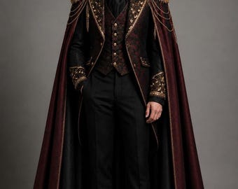Traje de caballero Regal, chaleco bordado color burdeos con capa victoriana de longitud completa.