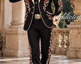 Men's Black Western Suit, Ivory Floral Embroidered Cowboy Blazer, Red Flower Nudie Style Suit, Custom Country Stagewear