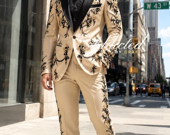 Champagnerfarbener, bestickter Smoking für Herren, luxuriöser schwarzer Hochzeitsanzug mit Blumenmuster, maßgeschneiderter Bräutigam-Smoking, handgefertigter Anzug für den Abschlussball, maßgeschneiderter Blazer