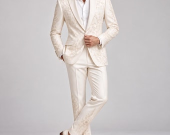 Ivory Embroidered Wedding Suit for Men, White Floral Groom Suit, Custom 2 Piece Formal Suit, Luxury Wedding Reception Outfit