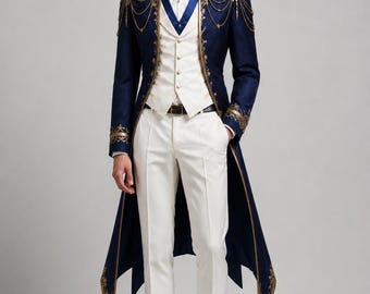 Luxury Navy Blue & Ivory Tailcoat Suit, Custom Gold Embroidered Groom Outfit, Handmade Formal Wedding Coat for Men