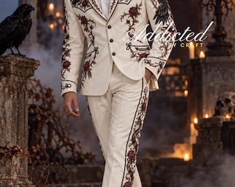 Ivory Gothic Western Suit for Men, Skull Raven Rose Embroidered Cowboy Suit, Halloween Wedding Groom Outfit, Custom Rodeo Stagewear