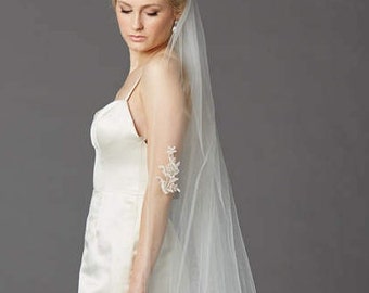Cathedral Length Ivory Veil with Elegant Lace and Beaded Embellishments and Trim - FREE DOMESTIC SHIPPING!