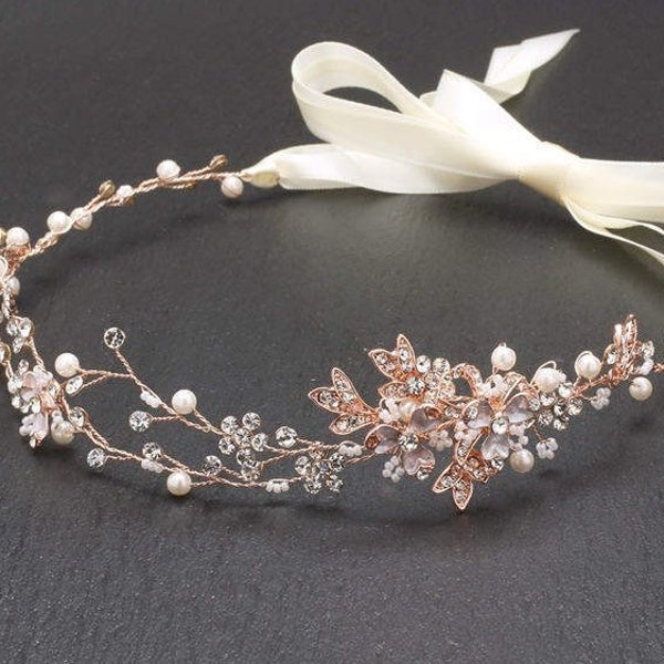 14K Rose Gold Plated or Silver Bridal Headband/Vine, FreshWater Pearls & Swarovski Crystals! FREE DOMESTIC SHIPPING