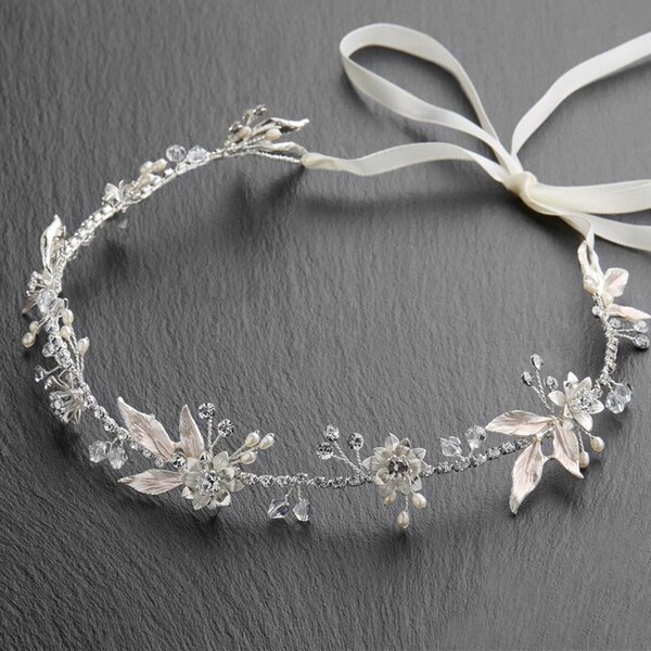 Silver with Light Pink Blush Rose Enamel Leaves, Handmade Hairvine w Pearls & Crystals. Bridal or special occasion. Free Domestic Shipping!