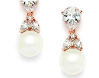 14K Rose Gold, Silver or Gold Plated Bridal Earrings with AAAA CZ's and Pearl Drops!    FREE Domestic Shipping!