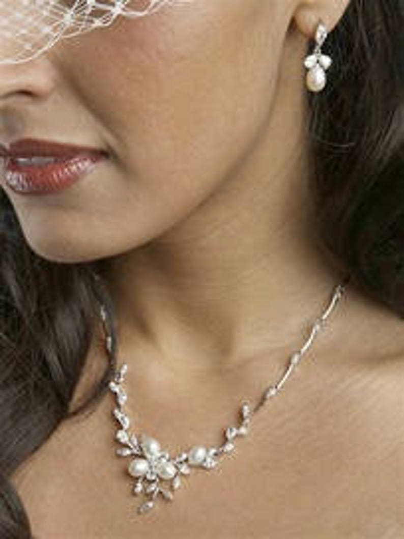 Vine necklace and earrings set with fresh water pearls and AAAA cz.s In silver or ose gold FREE domestic shipping!