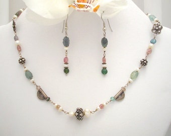 Bridal Jewelry Set - Indonesian Silver With Tourmaline & Pearl   FREE DOMESTIC SHIPPING!