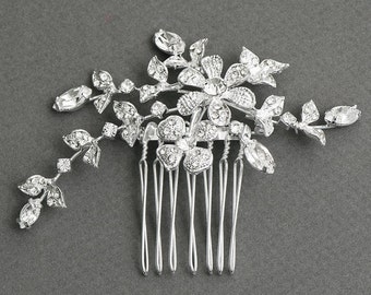 Silver Bridal Hair Comb with Crystal Flowers and Leaves -  FREE DOMESTIC SHIPPING