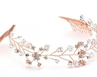 14K Plated Rose Gold, Silver or Gold Bridal Headband - Swarovski Crystal Bridal Vine -  FREE DOMESTIC SHIPPING