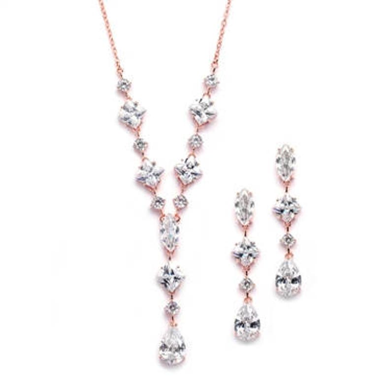Rose Gold FREE DOMESTIC SHIPPING cz Wedding Necklace /& Earrings Set