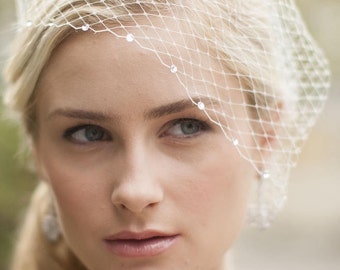 Vintage French Net Veil with Swarovski Crystals! White or Ivory. (Short Birdcage Length)  FREE DOMESTIC SHIPPING!