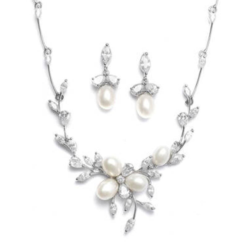 Vine necklace and earrings set with fresh water pearls and AAAA cz.s In silver or ose gold FREE domestic shipping!