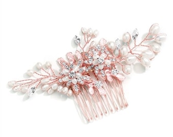 Rose Gold Hand Made Freshwater Pearl, Swarovski Crystal, Bridal-Special Occasion Flexible Comb. Free Domestic Shipping!