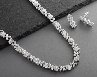 AAAA quality CZ in Silver Rodium 17" Necklace and Earring set with Marquis Flowers. Bridal or Special occasion! Free Domestic Shipping