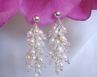 Swarovski Crystal & Pearl Cluster Bridal Earrings FREE DOMESTIC SHIPPING