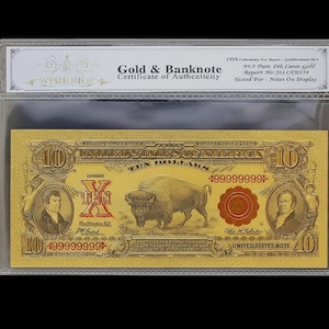 100mg 24K Gold Bison Note Replica – 1901 10 Dollars Currency Collectible (White COA)