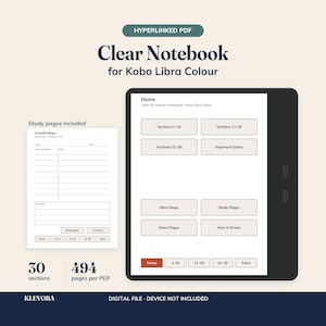 May include: A digital hyperlinked PDF notebook for Kobo Libra Colour featuring 30 sections and 494 pages. The interface displays a home menu with navigation buttons for sections, study pages, and mind maps, alongside a Cornell notes page layout.