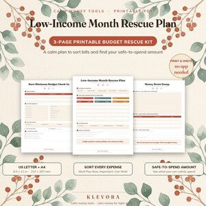 Pode incluir: Um kit de resgate orçamentário imprimível de 3 páginas intitulado Low-Income Month Rescue Plan. As páginas incluem um Bare Minimum Budget Check-In, um plano de resgate e um money brain dump. Formato A4 de 210 x 297 mm.