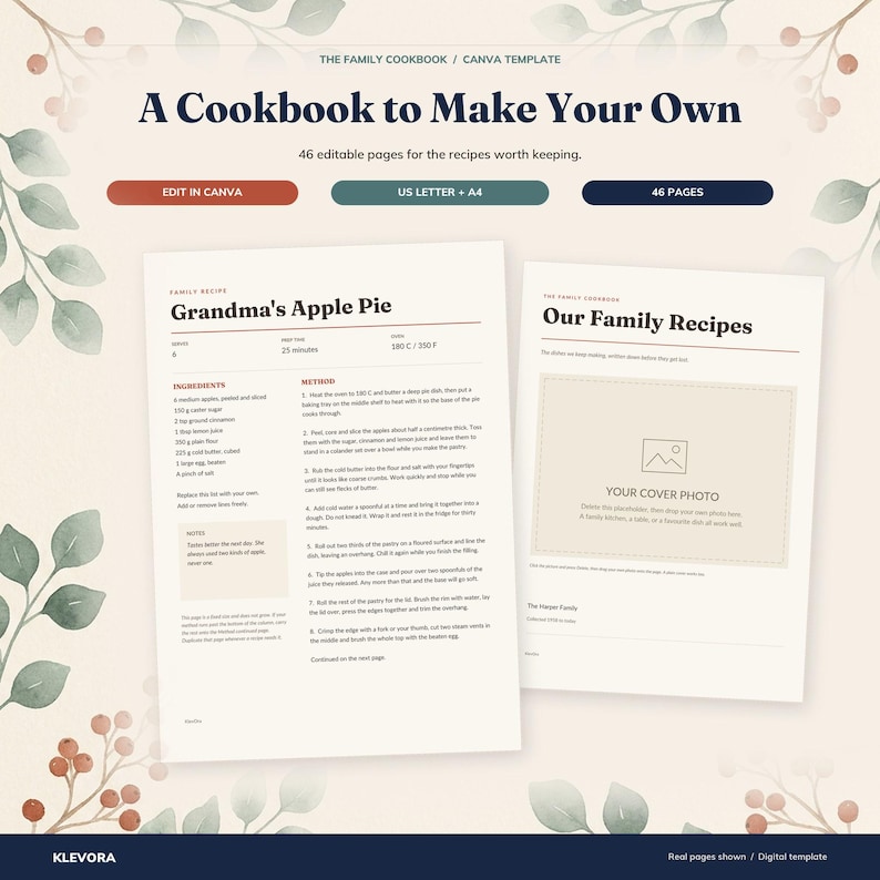 Recipe Book Template Canva, Editable Family Cookbook, 46 Pages - Etsy UK