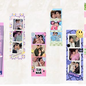 May include: Five vertical photo strips featuring pairs of people in various poses, decorated with colorful borders, floral patterns, smiley faces, and text labels including BOSS NOEUL, AOUBOOM, YIN WAR, Tlefirstone, OFFGUN, and MY ZONE on a light background.
