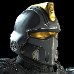May include: A dark gray tactical helmet featuring a prominent gold-colored crest with a skull emblem on top. The helmet includes a gold-tinted visor, a protective face mask with vertical vents, and metallic gold accents along the sides and front.