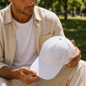 Peut inclure: Une casquette de baseball blanche unie dotée d'une structure à six panneaux, d'une visière incurvée et d'un bouton recouvert de tissu sur le dessus. La casquette est fabriquée dans une matière lisse et comporte des œillets cousus sur chaque panneau.