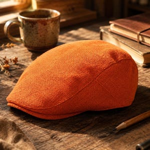 May include: A vibrant orange flat cap featuring a textured, woven fabric construction. The cap has a rounded, low-profile crown and a short, stiffened brim at the front, showcasing a classic, structured shape with visible seams along the sides.