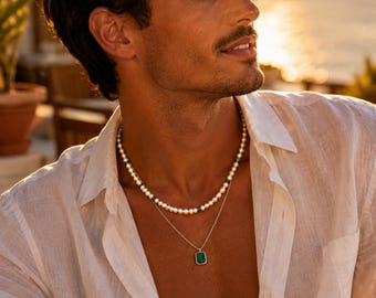 Set di collane da uomo a strati, collana di perle da uomo, collana con ciondolo verde, set di 2 collane, gioielli estivi da uomo