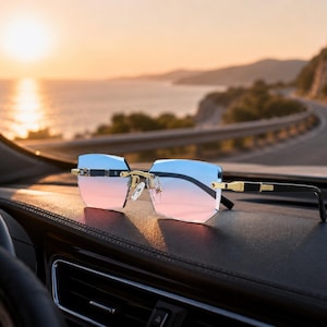 Peut inclure: Lunettes de soleil sans monture avec des verres géométriques à facettes multiples présentant un dégradé de bleu vers rose. La monture comprend un pont et des charnières en métal doré, associés à des branches noires élégantes sur les côtés.