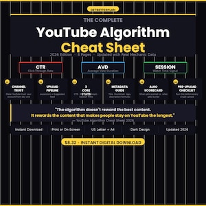 May include: A digital guide titled The Complete YouTube Algorithm Cheat Sheet 2026 Edition. It features sections on CTR, AVD, and Session metrics, plus six numbered steps including Channel Trust and Metadata Guide, with a dark background design.