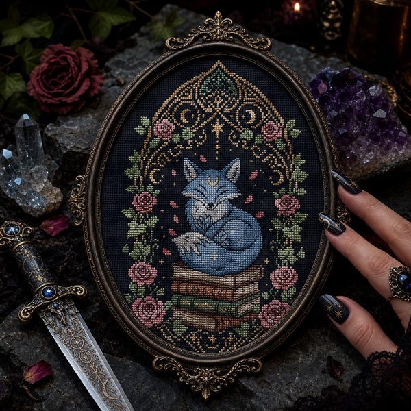 Magical Fox Cross Stitch Pattern PDF, Instant Download Enchanted Books & Roses, Gothic Celestial Art