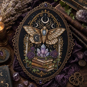 May include: An oval framed cross-stitch embroidery on black fabric featuring a large moth with tan wings, a central purple crystal cluster, a stack of three books, and two purple roses, all surrounded by intricate gold decorative borders.