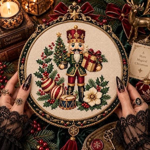 Traditional Nutcracker Cross Stitch Pattern with Christmas Holly & Drum