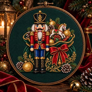May include: A circular cross-stitch embroidery piece in a wooden hoop featuring a nutcracker in a red, blue, and gold uniform. The design includes a white rocking horse, gold ornaments, pinecones, and a large red bow on a dark green background.